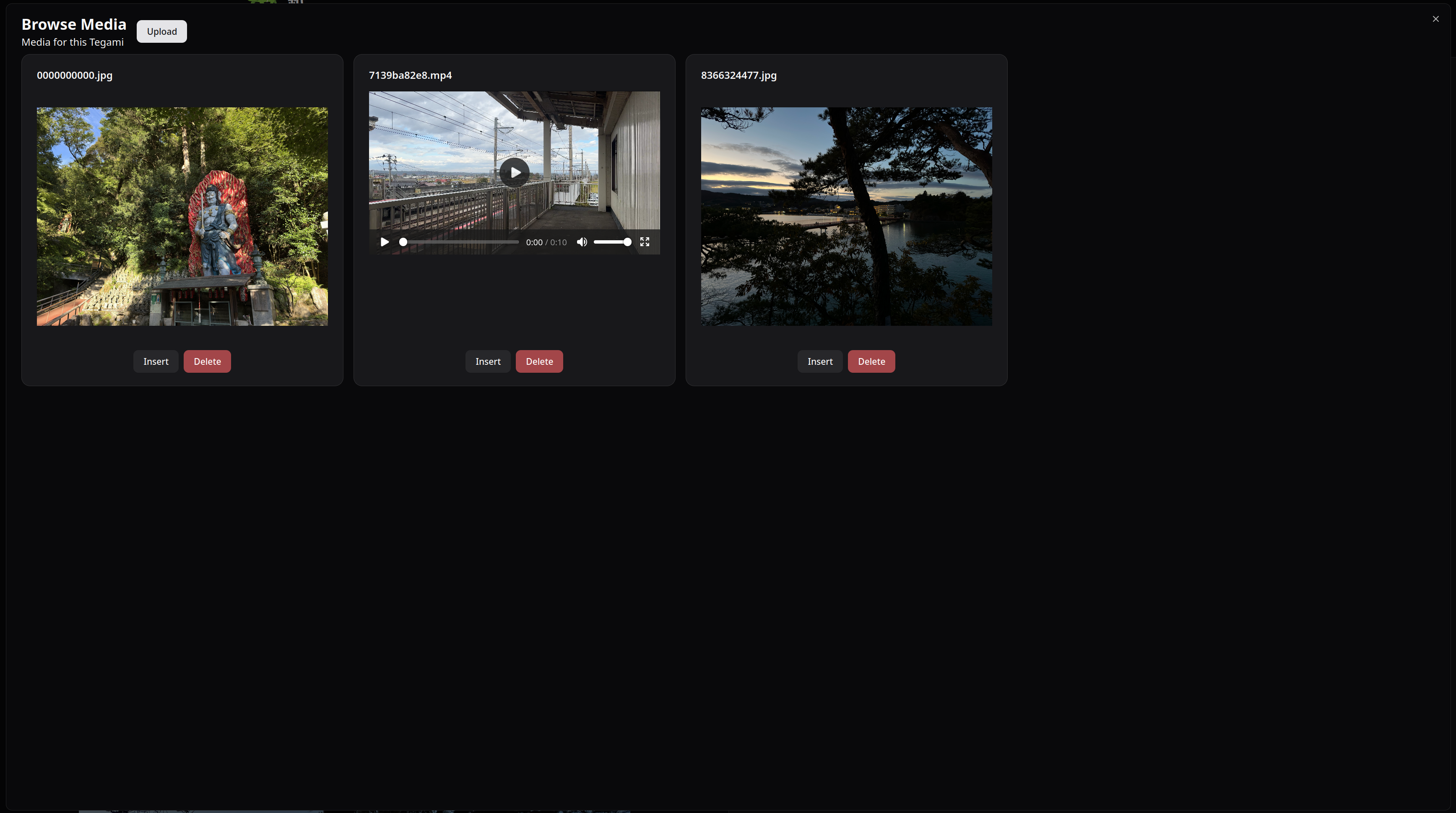 Media viewer with upload button, and insert and delete buttons on each piece of media
